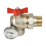 Ъглов кран за колектор 1"M x 1"F с холендрова връзка и термометър, черв. Т-дръжка 0