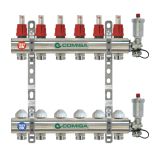 Колектор 1" Ж/Ж с разходомер, автоматичен обезвъздушител и дренаж – 4 отвора, неръждаем 0